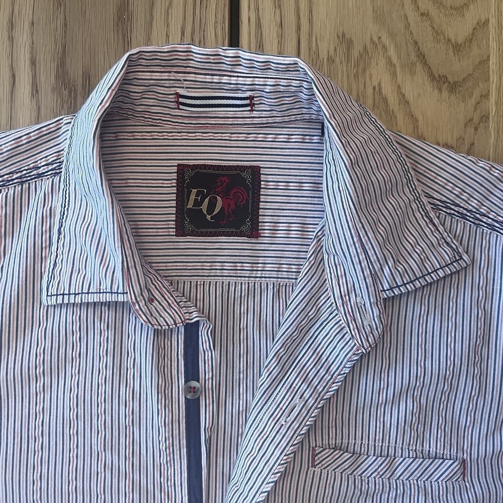 EQ Equilibrio Rooster Button Up Shirt Men XL Blue and Striped Ribbed Long Sleeve
